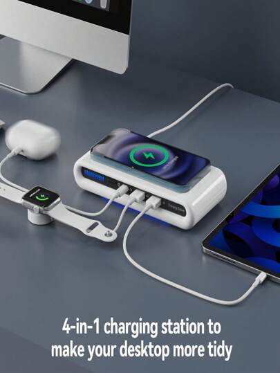 شاحن لاسلكي متعدد الوظائف ثنائي USB ، Type C ، 15 واط، شاحن 4 في 1 للهواتف الذكية، سماعات البلوتوث، الساعات الذكية، الأجهزة اللوحية (ليس بنك طاقة)