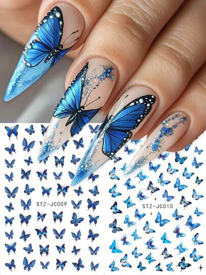 FULL BEAUTY مجموعة ملصق أظافر بفراشة 2 قطع, فراشة أزرق كرتونية جميلة، وردة عتيقة ثلاثي الأبعاد، ملصق أظافر لاصق ذاتي، مجموعة ملصق أظافر أكريليك، ملصقات فن الأظافر للنساء والمنتجات الخاصة بالأظافر