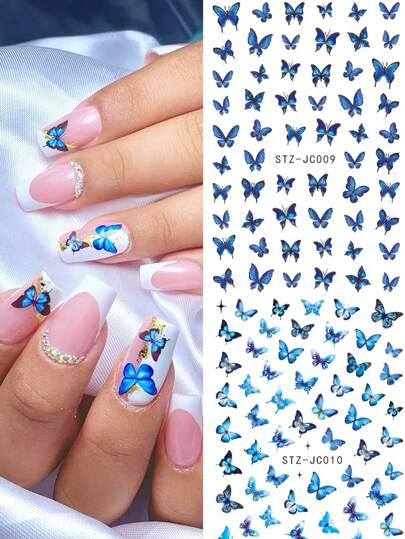 FULL BEAUTY مجموعة ملصق أظافر بفراشة 2 قطع, فراشة أزرق كرتونية جميلة، وردة عتيقة ثلاثي الأبعاد، ملصق أظافر لاصق ذاتي، مجموعة ملصق أظافر أكريليك، ملصقات فن الأظافر للنساء والمنتجات الخاصة بالأظافر