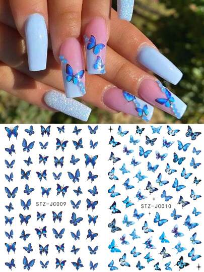 FULL BEAUTY مجموعة ملصق أظافر بفراشة 2 قطع, فراشة أزرق كرتونية جميلة، وردة عتيقة ثلاثي الأبعاد، ملصق أظافر لاصق ذاتي، مجموعة ملصق أظافر أكريليك، ملصقات فن الأظافر للنساء والمنتجات الخاصة بالأظافر