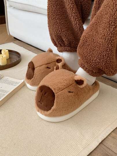 XIXITIAO نعال منزلية ناعمة وقابلة للانزلاق داخلية دافئة بتصميم بري الذنب الكرتوني الجميل ثلاثي الأبعاد، مريحة ومسطحة باللون البني، مناسبة للاستخدام في فصل الشتاء
