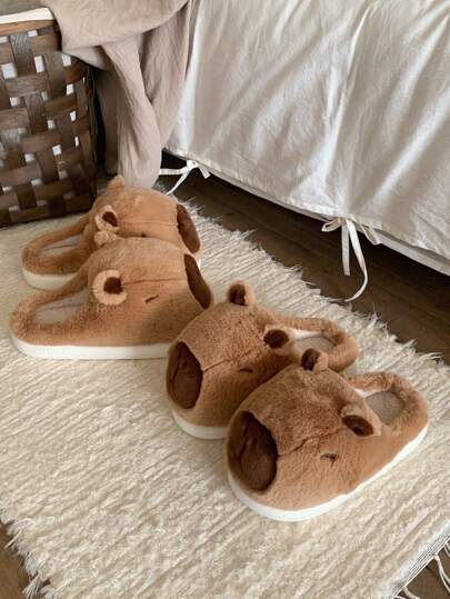 XIXITIAO نعال منزلية ناعمة وقابلة للانزلاق داخلية دافئة بتصميم بري الذنب الكرتوني الجميل ثلاثي الأبعاد، مريحة ومسطحة باللون البني، مناسبة للاستخدام في فصل الشتاء