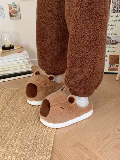 XIXITIAO نعال منزلية ناعمة وقابلة للانزلاق داخلية دافئة بتصميم بري الذنب الكرتوني الجميل ثلاثي الأبعاد، مريحة ومسطحة باللون البني، مناسبة للاستخدام في فصل الشتاء