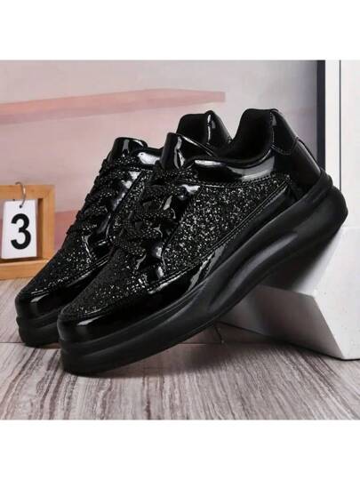 أحذية رياضية كاجوال منخفضة الكعب للرجال ، لون أحادي ، جلد مزيف ، لامع ، نعل من EVA ، بطانة من النسيج وال- EVA ، إغلاق بالأربطة ، للرجال والنساء