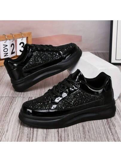 أحذية رياضية كاجوال منخفضة الكعب للرجال ، لون أحادي ، جلد مزيف ، لامع ، نعل من EVA ، بطانة من النسيج وال- EVA ، إغلاق بالأربطة ، للرجال والنساء