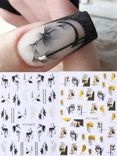 ملصقات فن الأظافر زهور باللون الأسود والذهبي ذات أوراق لامعة ولمسات من أوراق الخريف المائية، ملصقات زخرفية للإطلالة البراقة المانيكير