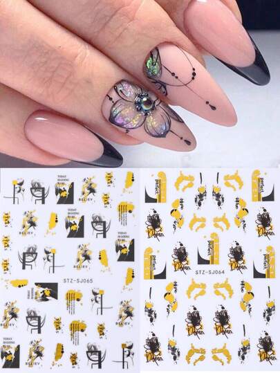 ملصقات فن الأظافر زهور باللون الأسود والذهبي ذات أوراق لامعة ولمسات من أوراق الخريف المائية، ملصقات زخرفية للإطلالة البراقة المانيكير