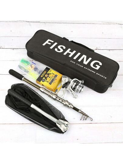 طقم أسود وفضي لصيد السمك، يشمل: 1 صيد من الألياف الكربونية الأسود والفضي (بمقاسات 1.8م، 2.1م، 2.4م، 2.7م، 3م)، 1 بكرة معدنية فضية (بإطلاق سلس للخيط)، 1 علبة طعم صيد أساسي، 1 لفة خيط صيد، 1 شبكة هبوط، و1 حقيبة معدات صيد محمولة. المنسق بالألوان الأسود والفض