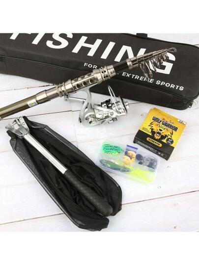 طقم أسود وفضي لصيد السمك، يشمل: 1 صيد من الألياف الكربونية الأسود والفضي (بمقاسات 1.8م، 2.1م، 2.4م، 2.7م، 3م)، 1 بكرة معدنية فضية (بإطلاق سلس للخيط)، 1 علبة طعم صيد أساسي، 1 لفة خيط صيد، 1 شبكة هبوط، و1 حقيبة معدات صيد محمولة. المنسق بالألوان الأسود والفض