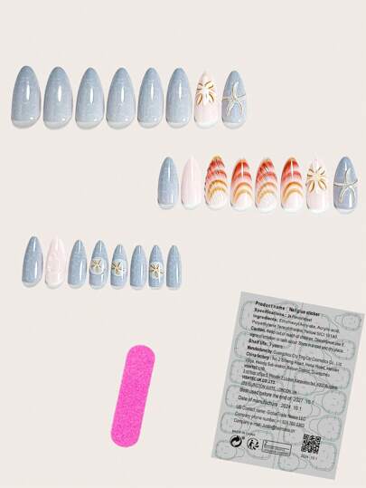 اضف لمسة رومانسية بمجموعة 24 قطعة من أظافر الجل زائفة ذات الشكل اللوزي الكبير، ذات لون أزرق فاتح بطبعات موجية وزهور محلاة بعرق السوس و تصميم 3D رائع بأصداف وأشكال نجوم البحر، مجموعة كاملة من الأظافر الزائفة للنساء و البنات، تشمل 1 ورقة من علامات...