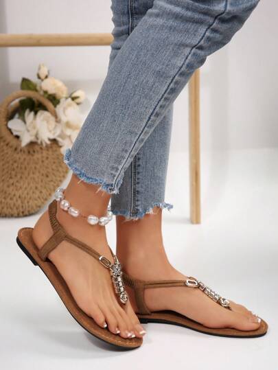 صندل نسائي روماني مضفر مزخرف بخرز، جلسات راحة على الشاطئ، للربيع والصيف