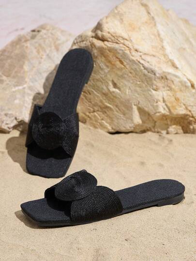 صنادل شرائح منسوجة للنساء، صنادل مسطحة عصرية كاجوال ذات شريط واحد قابلة للإنزلاق، صنادل شاطئ مريحة مفتوحة الأصبع للربيع والصيف