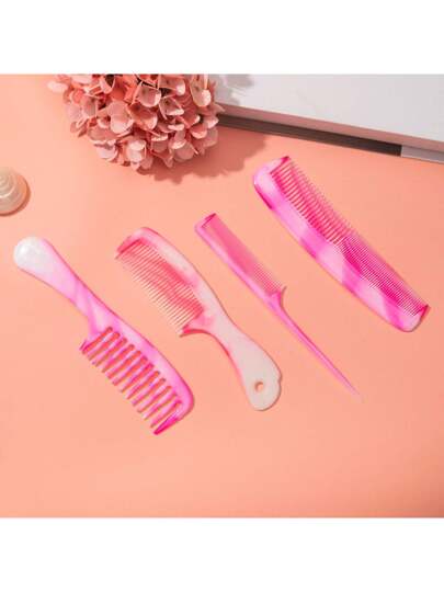 1/4 قطعة مجموعة أمشاط شعر وردية - أمشاط شعر متعددة الوظائف، مشط أسنان واسعة، مشط أسنان ناعمة، مشط ذيل الفأر ومشط ذو رأسين، مصنوعة من مادة ABS عالية الجودة، مناسبة للرجال والنساء، مناسبة لجميع أنواع الشعر