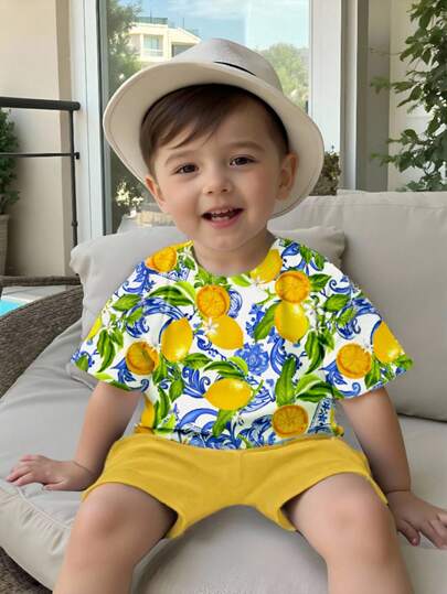 طقم ملابس علوية كاجوال بأكمام قصيرة وشورت قطعتين، ملائم للصيف، مصمم بنمط مبسط بطبعات ليمون، عطلة، رحلة عائلية، حب، أحب أمي، أحب أبي