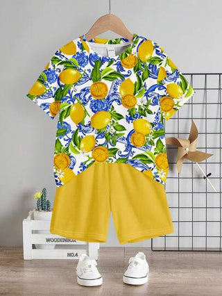 طقم ملابس علوية كاجوال بأكمام قصيرة وشورت قطعتين، ملائم للصيف، مصمم بنمط مبسط بطبعات ليمون، عطلة، رحلة عائلية، حب، أحب أمي، أحب أبي
