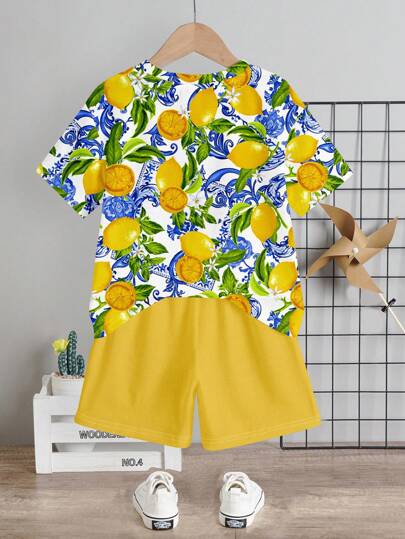 طقم ملابس علوية كاجوال بأكمام قصيرة وشورت قطعتين، ملائم للصيف، مصمم بنمط مبسط بطبعات ليمون، عطلة، رحلة عائلية، حب، أحب أمي، أحب أبي