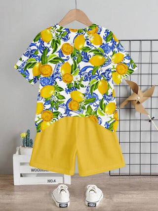 طقم ملابس علوية كاجوال بأكمام قصيرة وشورت قطعتين، ملائم للصيف، مصمم بنمط مبسط بطبعات ليمون، عطلة، رحلة عائلية، حب، أحب أمي، أحب أبي