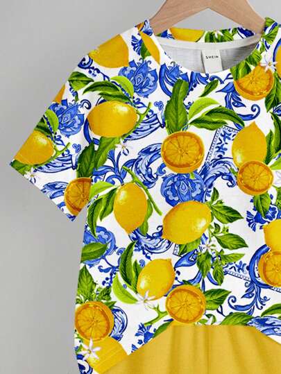 طقم ملابس علوية كاجوال بأكمام قصيرة وشورت قطعتين، ملائم للصيف، مصمم بنمط مبسط بطبعات ليمون، عطلة، رحلة عائلية، حب، أحب أمي، أحب أبي