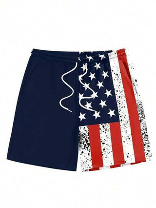 شورتات رجالية بجيوب بنمط علم، قصيرة صيفية كاجوال بخصر مطاطي وحبل سحب للخارج والبحر والسباحة، نمط هاواي