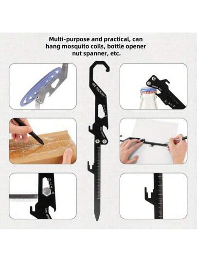 1 خطاف متعدد الوظائف من الفولاذ المقاوم للصدأ - حامل لملف الناموسية قابل للطي، فتاحة زجاجات ، مقياس، قابس الأرض مناسب للتخييم والتنزه والرحلات الخلفية