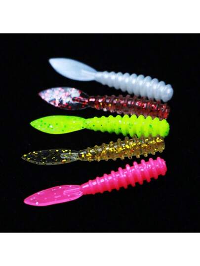 10 قطع طعم صيد سمك ناعم، 3.6 سم/1.4 بوصة 0.4 جرام من مادة TPE ملونة تضيء في الظلام على شكل ديدان صغيرة ذات ذيل ريشي، مناسبة للسمك المسطح في الليل وصيد السمك السطحي والنهري