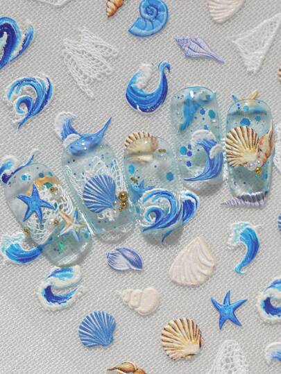 ملصق أظافر فني مرتبط بعناصر الشاطئ والمحيط مثل الأمواج، الشباك الصيد، الصدفات، نجوم البحر، إلخ، مناسب للاستخدام الشخصي DIY للنساء والفتيات