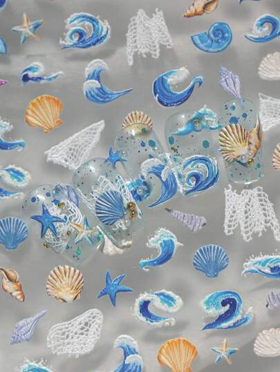 ملصق أظافر فني مرتبط بعناصر الشاطئ والمحيط مثل الأمواج، الشباك الصيد، الصدفات، نجوم البحر، إلخ، مناسب للاستخدام الشخصي DIY للنساء والفتيات