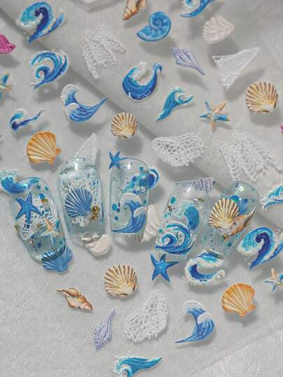 ملصق أظافر فني مرتبط بعناصر الشاطئ والمحيط مثل الأمواج، الشباك الصيد، الصدفات، نجوم البحر، إلخ، مناسب للاستخدام الشخصي DIY للنساء والفتيات