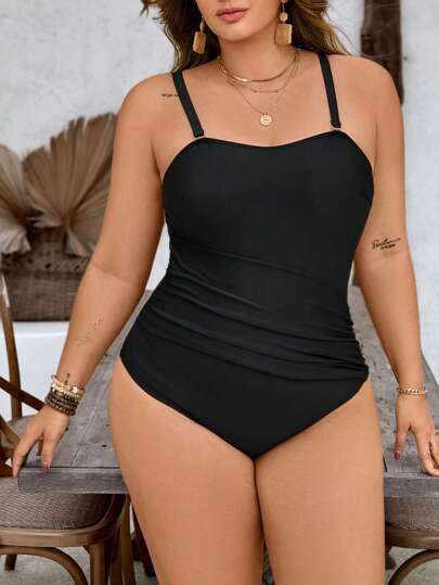 SHEIN Swim Curve بدلة رومبير صيفية ذات حمالة رفيعة باللون الأسود المبسطة للمرأة كبيرة الحجم، للعطلات