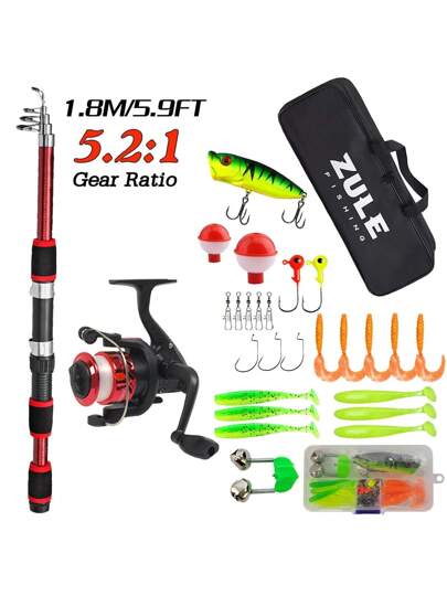 صيد تلسكوبي أحمر وأزرق بطول 70.8 بوصة وبكرة دوارة، مع طعوم وحقيبة تخزين، اكسسوارات صيد، معدات صيد مثالية للمراهقين والمبتدئين