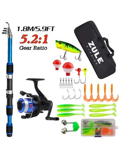 صيد تلسكوبي أحمر وأزرق بطول 70.8 بوصة وبكرة دوارة، مع طعوم وحقيبة تخزين، اكسسوارات صيد، معدات صيد مثالية للمراهقين والمبتدئين