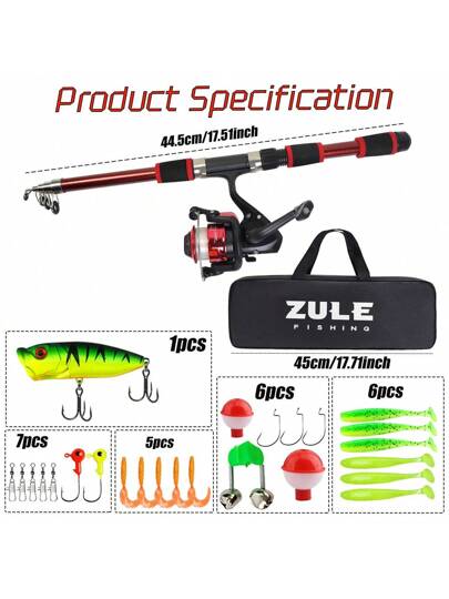 صيد تلسكوبي أحمر وأزرق بطول 70.8 بوصة وبكرة دوارة، مع طعوم وحقيبة تخزين، اكسسوارات صيد، معدات صيد مثالية للمراهقين والمبتدئين