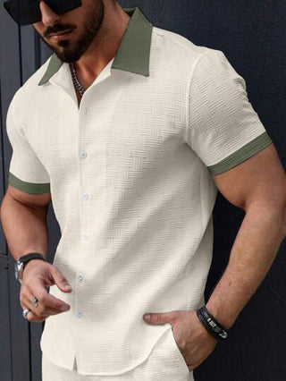 Manfinity Homme قميص رجالي صيفي ذو لون مكون من قطعة واحدة غير مبطن، كاجوال/مكتبي، أكمام قصيرة