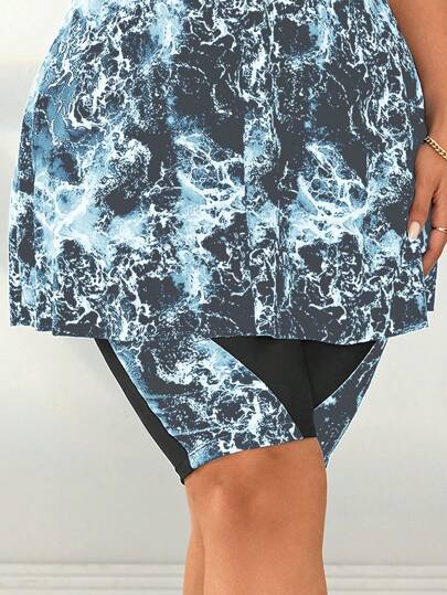 Swim Lushoire سروال قصير قياس كبير للنساء، طباعة رقمية باتشوورك متوسط الطول، ملابس سباحة لحفلات الشاطئ والعطلات