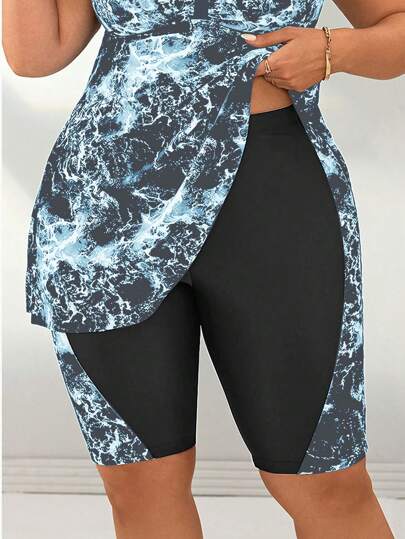 Swim Lushoire سروال قصير قياس كبير للنساء، طباعة رقمية باتشوورك متوسط الطول، ملابس سباحة لحفلات الشاطئ والعطلات