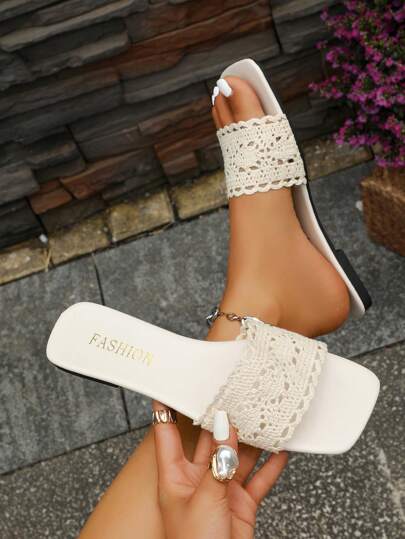 صندل فلات مُنسوج ببوهيمي عصري ذو أصابع مربعة أنيقة، مانعة للانزلاق، للاستخدام اليومي، مناسب لمقاسات كبيرة للسيدات