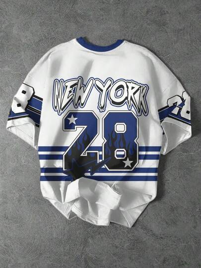 قميص كاجوال كلاسيكي رياضي للأولاد المراهقين بطراز البيسبول ، رقم 28 ، بتصميم مخطط ، عبارة كول نيويورك ، طباعة رقم 28 باللهب ، كم قصير بياقة طاقم، مناسب للصيف