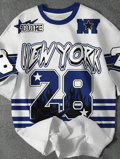 قميص كاجوال كلاسيكي رياضي للأولاد المراهقين بطراز البيسبول ، رقم 28 ، بتصميم مخطط ، عبارة كول نيويورك ، طباعة رقم 28 باللهب ، كم قصير بياقة طاقم، مناسب للصيف