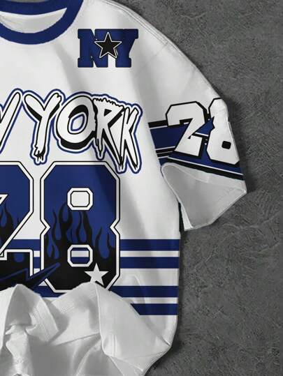 قميص كاجوال كلاسيكي رياضي للأولاد المراهقين بطراز البيسبول ، رقم 28 ، بتصميم مخطط ، عبارة كول نيويورك ، طباعة رقم 28 باللهب ، كم قصير بياقة طاقم، مناسب للصيف