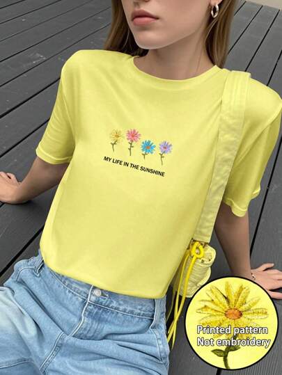 SHEIN EZwear تي شيرت نسائي بياقة مستديرة ، بسيط وأنيق ، مناسب للصيف