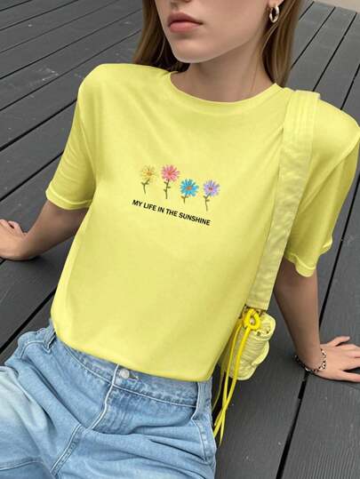 SHEIN EZwear تي شيرت نسائي بياقة مستديرة ، بسيط وأنيق ، مناسب للصيف