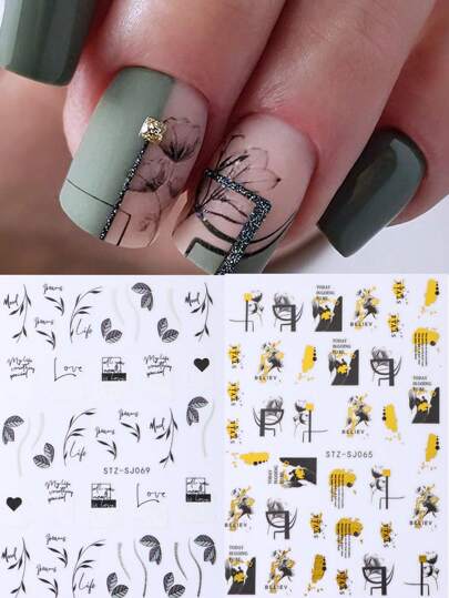 2 قطعة من ملصقات الزخرفة الأظافر ذات نقوش الورق الزهري والتدرج الهندسي المزخرف والوردي الدخاني المائي المزخرف ، الأزهار الملونة، ملصقات لقوالب أظافر 3D للزينة والطلاء باليد