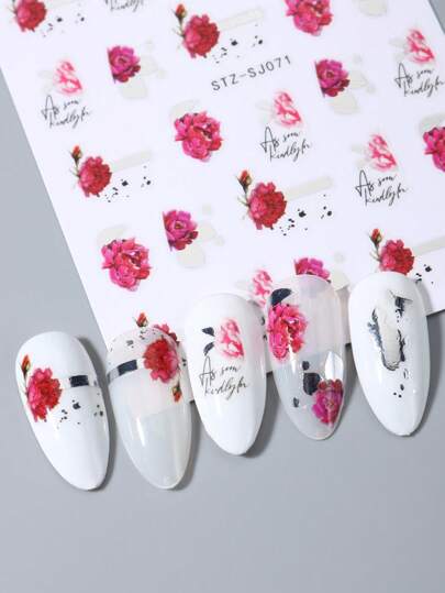 قطعتان من الملصقات الزخرفية لفن الأظافر بألوان الأكوارلين الحبري والأوراق والأزهار الربيعية والعبارات الملونة والزخارف الهندسية والأزهار الدخانية 3D ذاتية اللصق ديكور DIY