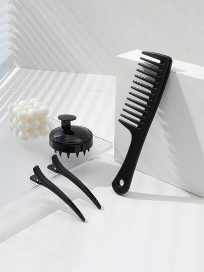 4 قطع مجموعة تصفيف الشعر: مشط ذو أسنان واسعة، فرشاة تدليك سيليكون للشامبو، مشبك البط. مشط الأسنان الكبيرة يفك تشابك الشعر، مشبك البط للاستخدام اليومي وقص الشعر والبوم، مناسب للاستخدام المنزلي والصالون