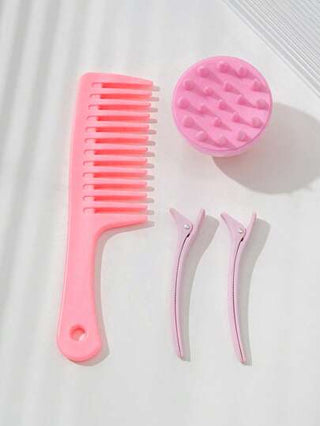 4 قطع مجموعة تصفيف الشعر: مشط ذو أسنان واسعة، فرشاة تدليك سيليكون للشامبو، مشبك البط. مشط الأسنان الكبيرة يفك تشابك الشعر، مشبك البط للاستخدام اليومي وقص الشعر والبوم، مناسب للاستخدام المنزلي والصالون