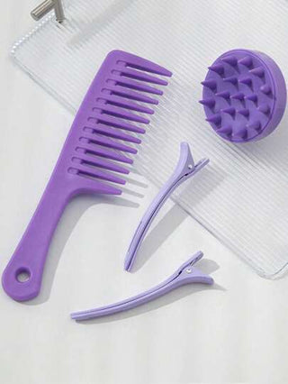 4 قطع مجموعة تصفيف الشعر: مشط ذو أسنان واسعة، فرشاة تدليك سيليكون للشامبو، مشبك البط. مشط الأسنان الكبيرة يفك تشابك الشعر، مشبك البط للاستخدام اليومي وقص الشعر والبوم، مناسب للاستخدام المنزلي والصالون