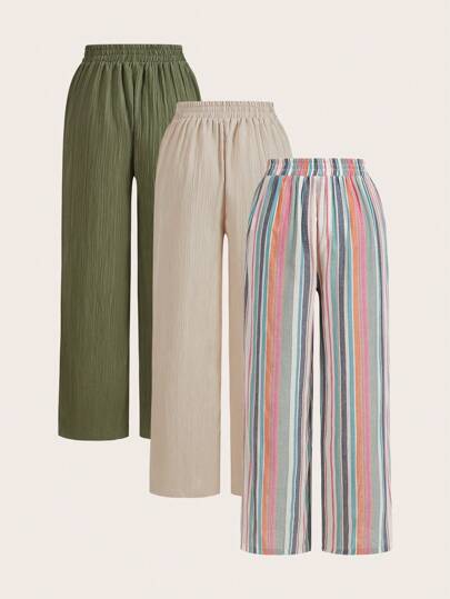 SHEIN Essnce 3 قطعة بذلة بنطلون كاجوال مستقيم الساق بجيوب وربطة الخصر، من قماش مخطط، ارتداء مبرد ومريح، لارتداء الكاجوال، بأسلوب البوهيمي، مناسب للصيف