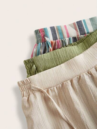 SHEIN Essnce 3 قطعة بذلة بنطلون كاجوال مستقيم الساق بجيوب وربطة الخصر، من قماش مخطط، ارتداء مبرد ومريح، لارتداء الكاجوال، بأسلوب البوهيمي، مناسب للصيف