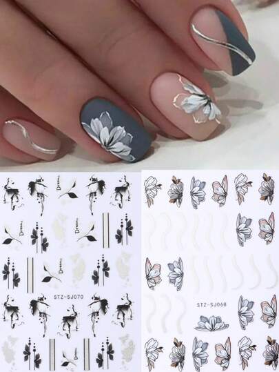 4 قطعة ملصقات فن الأظافر من رسومات الألوان المائية والأوراق والزهور الربيعية والشكل الهندسي وال-أزهار الكاربونية ، ملصقات لزجة ذاتية اللصق ديكور زخرفة الأظافر
