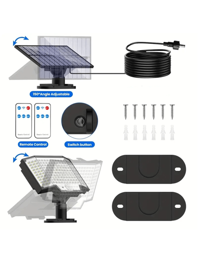 قطعة واحدة مصباح حائط شمسي خارجي LED 160 وات، مصباح حائط شمسي خارجي منقسم، مصباح شمسي خارجي مقاوم للماء، 160 لمبة LED عالية السطوع، سهل التركيب، جهاز تحكم عن بعد، بطارية 1800 مللي أمبير، عمر بطارية طويل، مناسب للاستخدام الخارجي والحدائق